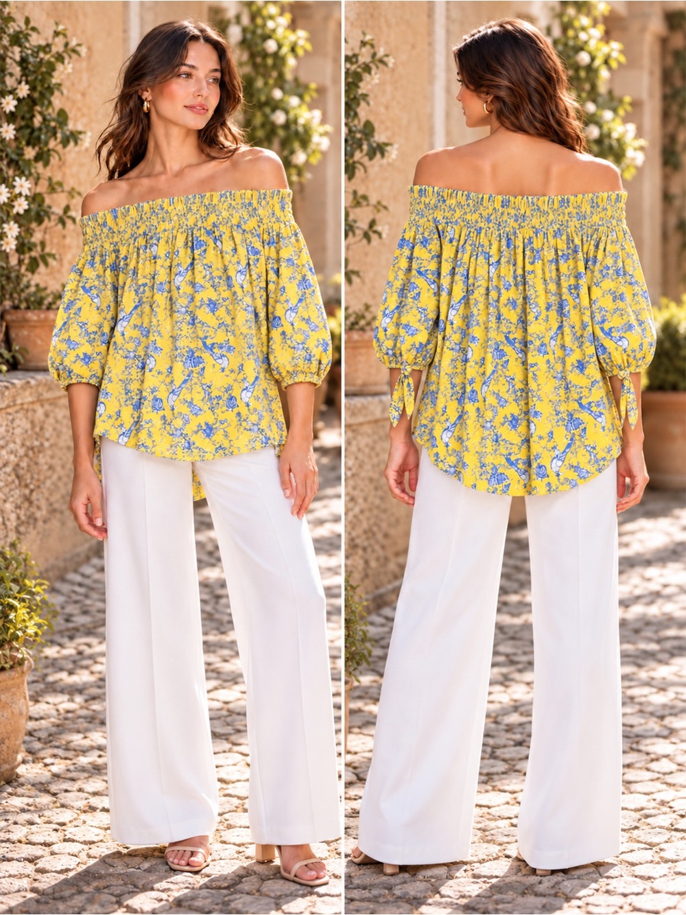 Caroline Constas Lou Off Shoulder Blouse Yellow Blue Bird Toile Size Large